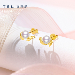 TSL谢瑞麟缎带系列18K金珍珠耳钉耳饰复古淡水珍珠耳环BE450