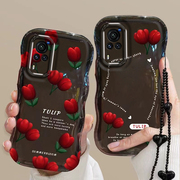 适用于vivoX60波浪边手机壳红色复古郁金香花朵vivoX60Pro透明硅胶全包防摔保护套网红女款