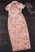 茧玥高端2022 橘粉色真丝丝绒改良时尚日常修身短袖长款旗袍
