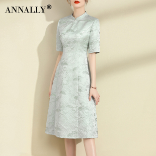 annally2024春夏气质提花高级感浅绿色奢华新中式连衣裙短袖