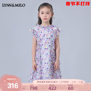 lynnmilo琳麦罗2024夏季女童，连衣裙可爱短袖，洋气紫色印花女宝裙子