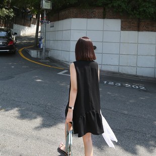 孕妇装夏季无袖连衣裙黑色韩版宽松遮肚孕妇雪纺薄款连衣裙小个子