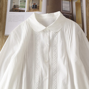 法式复古纯棉小娃娃领长袖衬衫女小众，拼接纯色白衬衣(白衬衣)通勤上衣叠穿