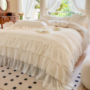 法式仙女全棉床上四件套公主风雪纺蕾丝纯棉被套床单床裙高档奶油