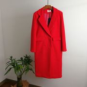12233红色毛呢大衣女冬季双排，扣长款西装领夹棉外套