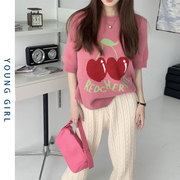 明星同款针织衫短袖女韩系甜美樱桃毛衣设计感女小众春款上衣2023