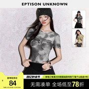 EPTISON短袖T恤女2024夏季复古短款修身设计感别致独特小上衣