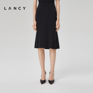 lancy朗姿春季黑色高腰，天丝鱼尾半身裙女气质，高级感包臀裙子