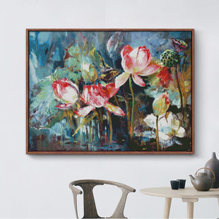 经典花卉油画-荷花 小白十字绣套件 客厅卧室 精准印花
