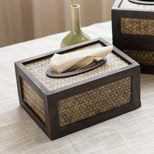 茶几创意纸抽盒客厅家用实木纸巾盒新中式抽纸盒藤编木质餐巾纸盒