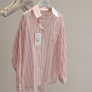满满高J感~法式温柔粉色条纹衬衫女春夏薄款防晒空调衬衣