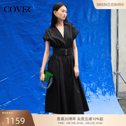 COVER夏季环保棉黑色大裙摆腰封设计落肩无袖连衣裙