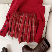 女童红色毛呢格子短裙，秋冬装韩版儿童学院风，百褶裙宝宝时尚半身裙