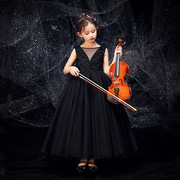 裙无袖长款钢琴小主持人演出服，欧美黑色童女儿童礼服2022夏季公主