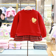 T+韩国童装2023冬季女童假两件保暖T恤上衣红色加绒卫衣亮片