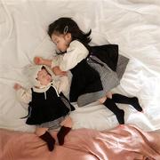 ins2023春秋韩国婴儿格子吊带连衣裙，套装宝宝连体，哈衣爬服姐妹装