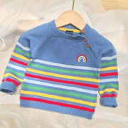 男童装彩虹毛衣秋季22条纹纯棉，打底针织不起球线衣小宝宝肩扣