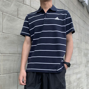 adidas阿迪达斯翻领短袖男2022夏季蓝色条纹t恤运动polo衫he7434