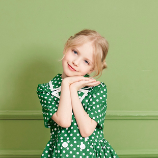 童装女童夏装连衣裙短袖纯棉，波点绿色复古裙子英伦风双排扣蓬蓬裙