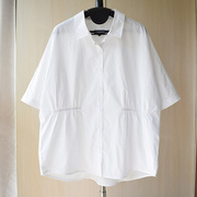 韩版简约百搭松紧收腰拼接设计纯棉宽松短袖白衬衣(白衬衣)夏季浅蓝色衬衫