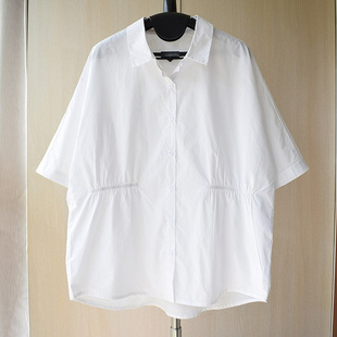 韩版简约百搭松紧收腰拼接设计纯棉宽松短袖，白衬衣(白衬衣)夏季浅蓝色衬衫