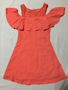 外贸原单 法国品牌N*aF橙色雪纺镂空露肩荷叶边收腰连衣裙 减龄