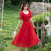 2024夏季蕾丝连衣裙韩版修身显瘦红色礼服超仙森系法式中长裙
