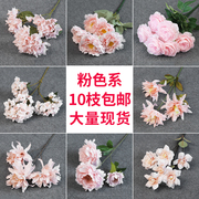 粉色订婚花束仿真花摆设婚庆，绢花材玫瑰花婚礼布置假花插花花艺