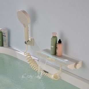 霖代卫浴恒温浴缸龙头数显，置物架淋浴花洒套装，浴盆白色瀑布水龙头