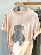 小众设计~减龄浅粉色小熊夜晚发荧光T 微廓形纯棉短袖T恤