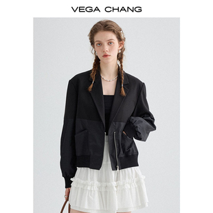 vegachang黑色西装女2024年春季设计感气质，休闲拼接西服外套
