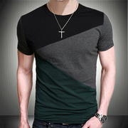 男士个性短袖T恤桖5XL码潮流显瘦帅气硬朗拼接不规则撞色元领上衣