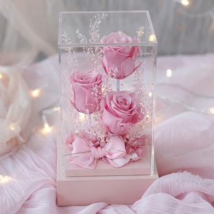 亚克力玫瑰永生花花盒，发光摆件表白爱意生日礼物，真鲜花花束情人节