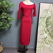 深圳高货轻熟高级OL风御姐中袖圆领红色春秋连衣裙设计感露腰1215