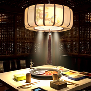 新中式吊灯复古带射灯餐厅包间，布艺古典创意，灯具圆形茶楼过道灯笼
