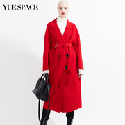 悦空间大红色羊毛呢大衣秋冬外套，女式宽松双排，扣系带长款过膝淑女
