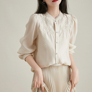 刺绣长袖珍珠立领天丝衬衫女秋季小衫国风新中式上衣气质衬衣