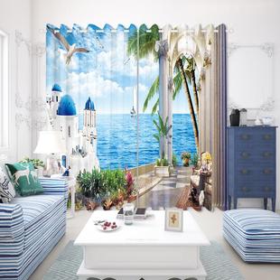 全屋定制地中海爱琴海景，风景画窗帘男孩儿童，客厅卧室遮光飘窗纱布