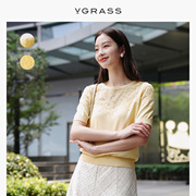 VGRASS宝相花蕾丝拼接针织衫女夏季黄色减龄上衣VZZ3O24160