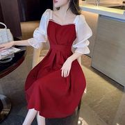 甜美法式红色连衣裙女五分袖2024大码收腰显瘦中长裙A字裙子