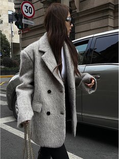 NEVA HU灰色毛呢西装外套女2023春季宽松显瘦加厚呢子大衣