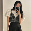 韩系chic夏季设计感小众蕾丝，吊带背心+气质，泡泡袖衬衫两件套女