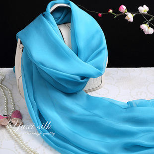 湖蓝色纯色100%桑蚕丝长款真丝丝巾披肩女纱巾春秋冬夏季丝绸围巾