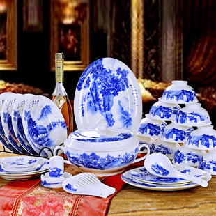 景德镇陶瓷器青花瓷釉中彩骨瓷，56头碗盘餐具，套装工笔云雾山水