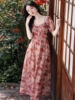 法式浪漫油画印花夏季吊带连衣裙设计感一字领方领两穿雪纺长裙