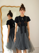 CAN夏季 法式复古蕾丝灰色蓬蓬裙小众设计感可调节背带裙