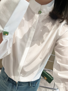 简约精致！气质中国风 绿色玉石扣小立领新中式白色衬衫叠穿上衣