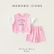 INSbobo女童套装夏款儿童套装男童假两件套休闲运动装宝宝网红潮