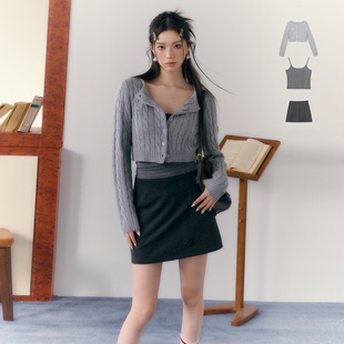 7Shiftin 原创设计学院风针织衫条纹衬衫百搭短裙短款灰色毛衣
