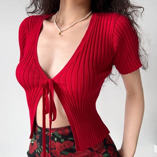 gogirlgo自制欧美风简约v领短袖系带红色针织开衫女短款上衣